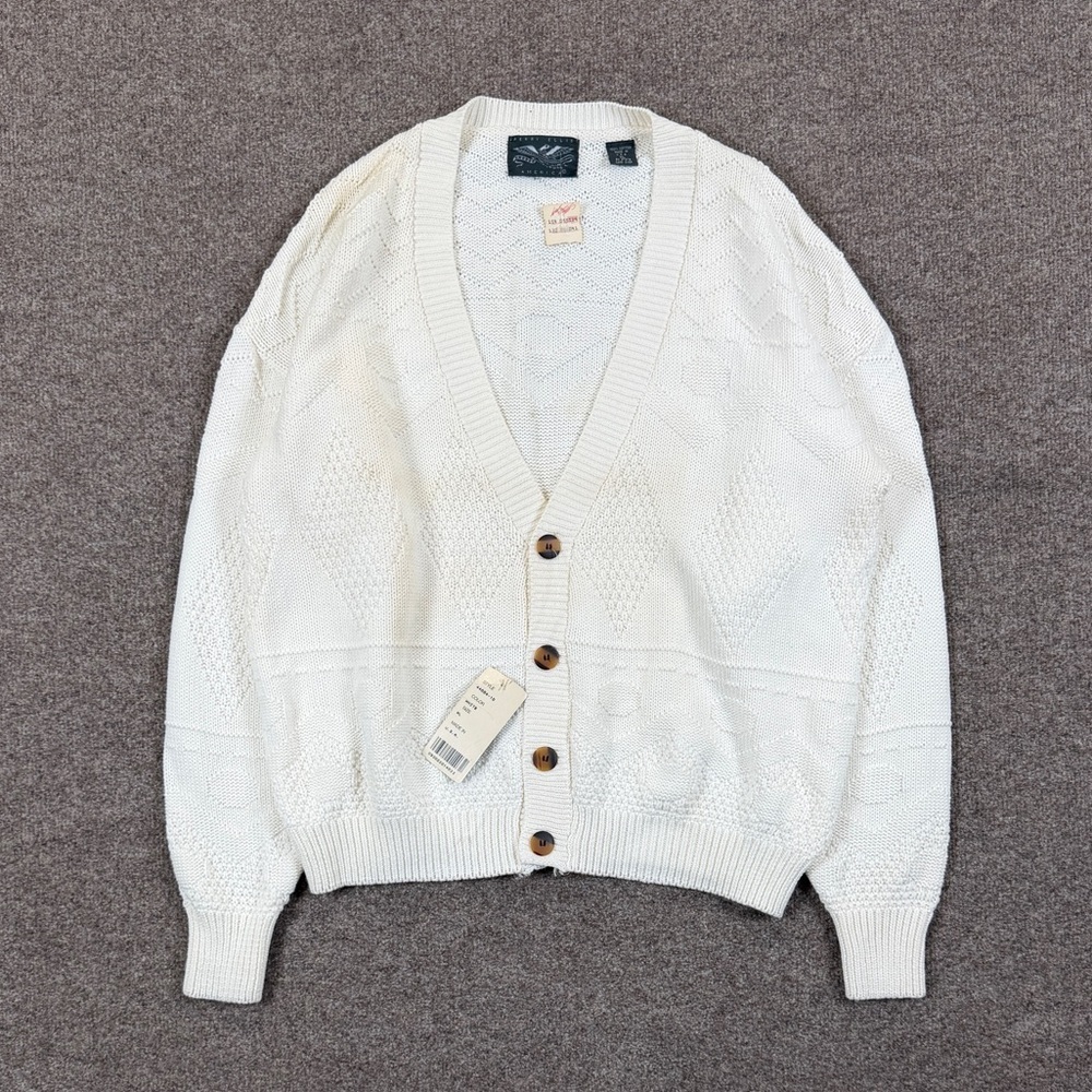 Vintage Perry Ellis Deep V-Neck Knit Cardigan Sweater Mens XL Retro 100% Cotton